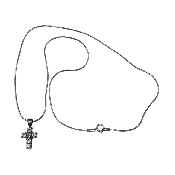 Vintage Sterling Silver 925 Necklace Cross Prong Set CZ .75" Pendant 18" 3.58g - Picture 3 of 9